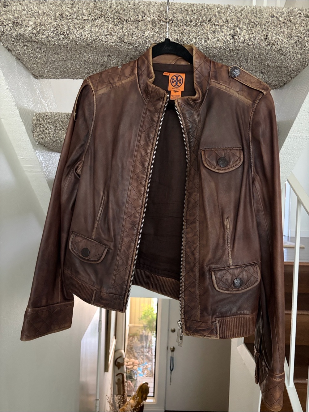 Tory Burch Brown Leather Quilted-Trim Bomber Jacket